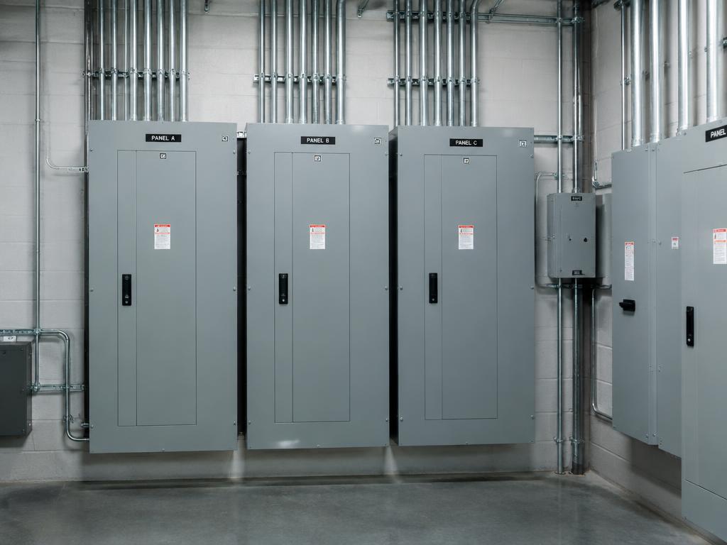 Three-phase commercial distribution panels and organized conduit