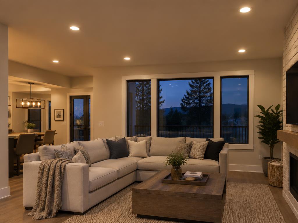 Living room recessed downlights, zoned and dimmable